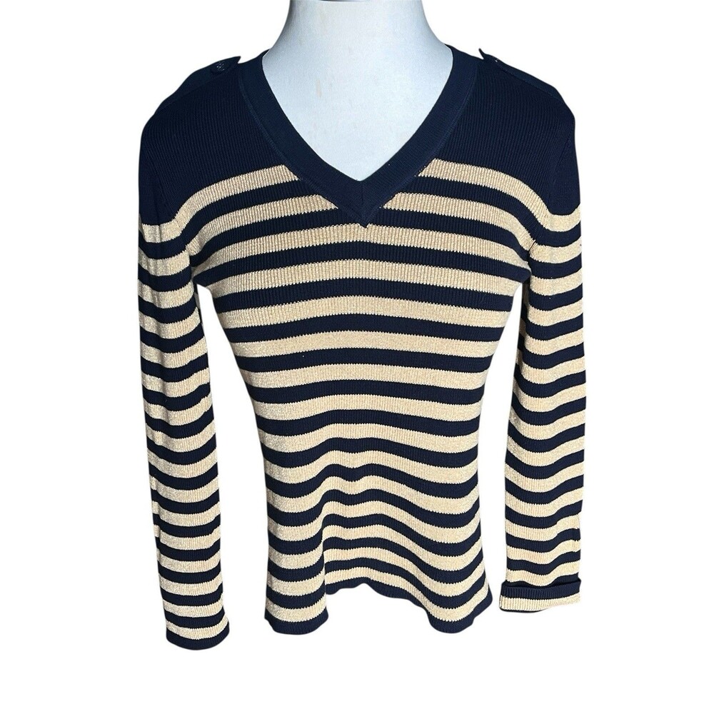 Lauren Ralph Lauren Navy Metallic Gold Stripe V-Neck Sweater Size Large